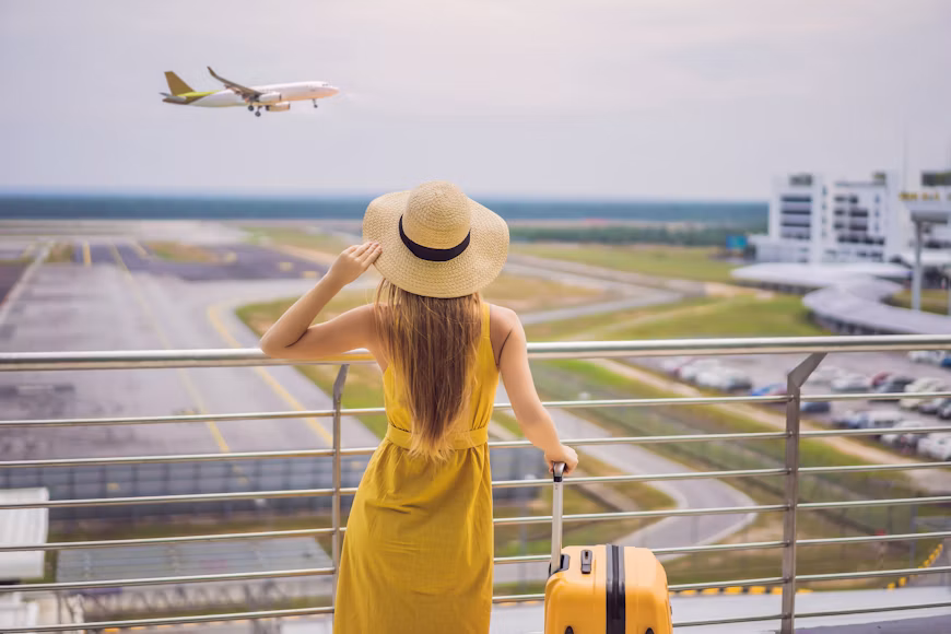 Traveller looking through an airport window